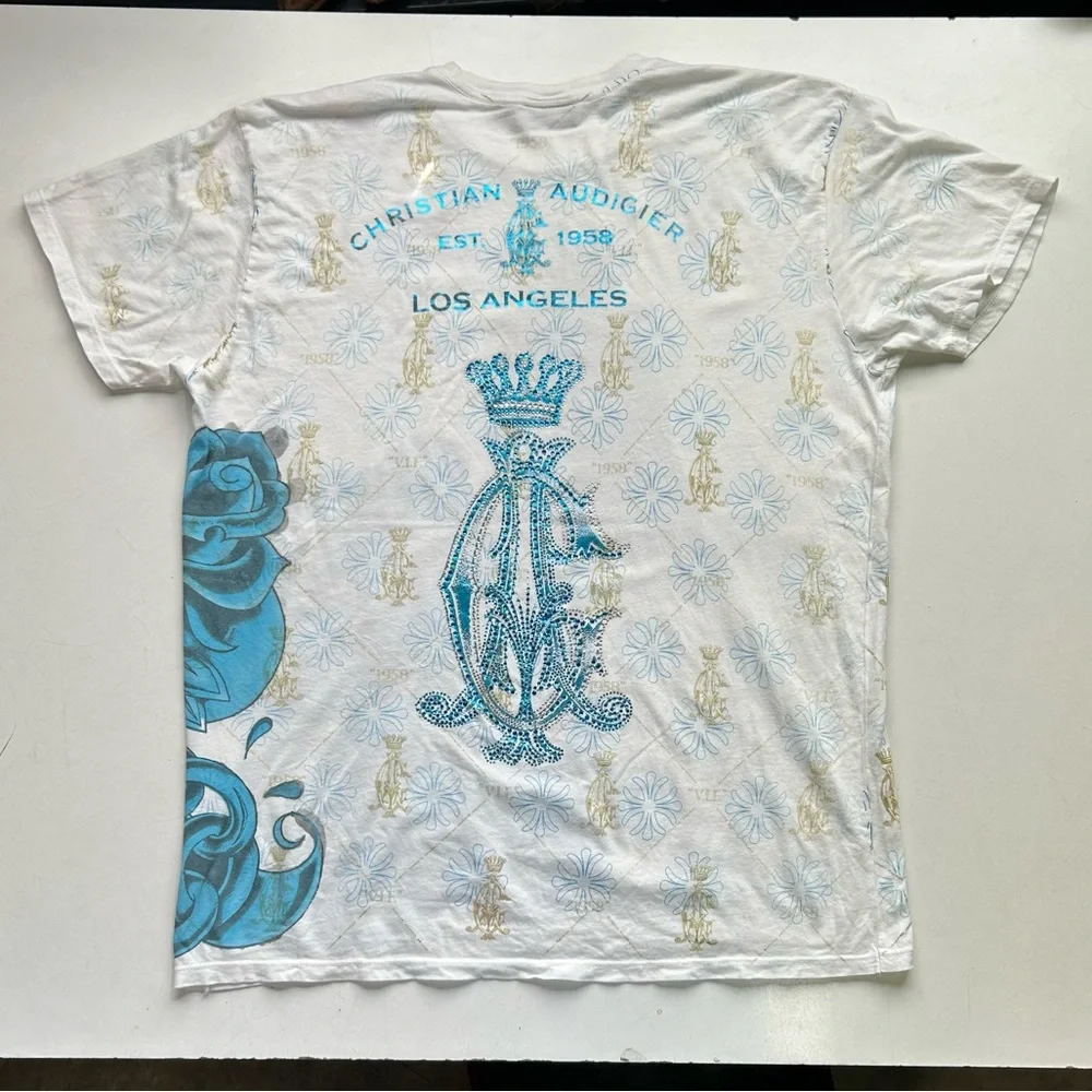 Christian Audiger allover screen printed T-shirt, Swarovski crystal embellished - Picture 5 of 10